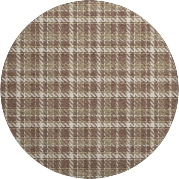 HomeRoots 8' Chocolate and Ivory Plaid Washable Round Rug - UV Protected, Durable, Non-Slip for Indoor & Outdoor Use 649429