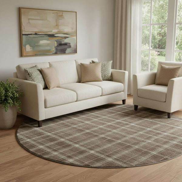HomeRoots 8' Chocolate and Ivory Plaid Washable Round Rug - UV Protected, Durable, Non-Slip for Indoor & Outdoor Use 649429
