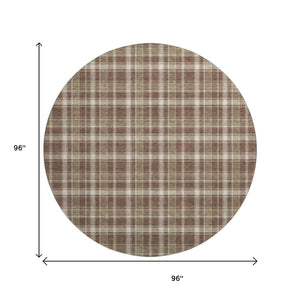 HomeRoots 8' Chocolate and Ivory Plaid Washable Round Rug - UV Protected, Durable, Non-Slip for Indoor & Outdoor Use 649429