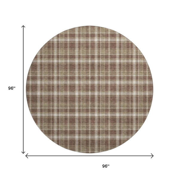 HomeRoots 8' Chocolate and Ivory Plaid Washable Round Rug - UV Protected, Durable, Non-Slip for Indoor & Outdoor Use 649429