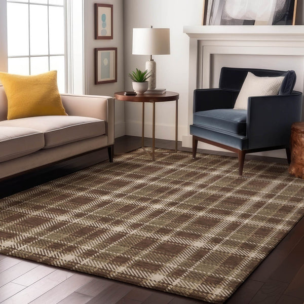 HomeRoots 9' X 12' Chocolate and Ivory Plaid Area Rug - Washable, UV Protected, Stain-Resistant, Durable Design 649431