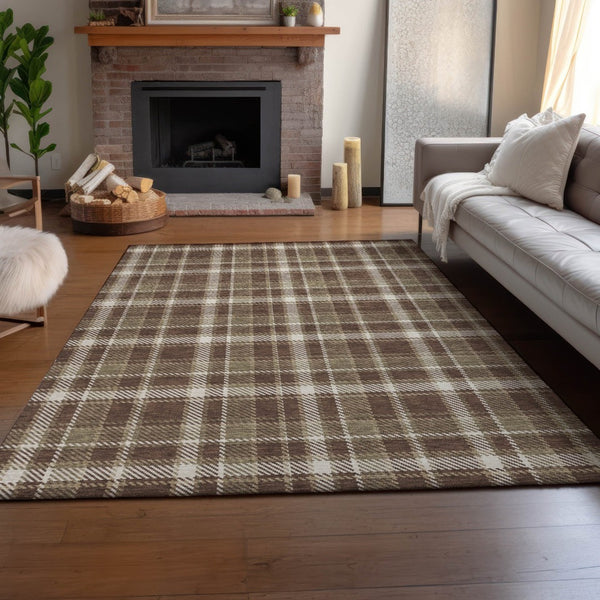 HomeRoots 9' X 12' Chocolate and Ivory Plaid Area Rug - Washable, UV Protected, Stain-Resistant, Durable Design 649431