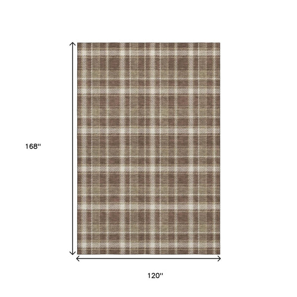 HomeRoots 10' Chocolate and Ivory Plaid Washable Area Rug - Durable, Stain-Resistant, UV Protected - 10' x 14' 649432