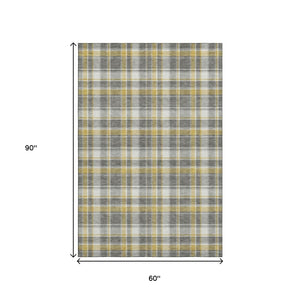 HomeRoots 5' Stylish Gray and Gold Plaid Washable Area Rug - Durable, Stain Resistant with UV Protection! 649434