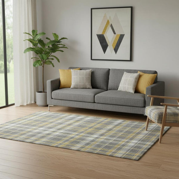HomeRoots 5' Stylish Gray and Gold Plaid Washable Area Rug - Durable, Stain Resistant with UV Protection! 649434