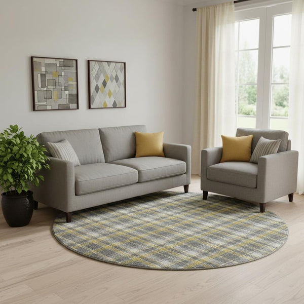 HomeRoots 8' Gray Gold and Ivory Plaid Washable Round Rug - Durable, Stain-Resistant, UV Protected Comfort! 649435