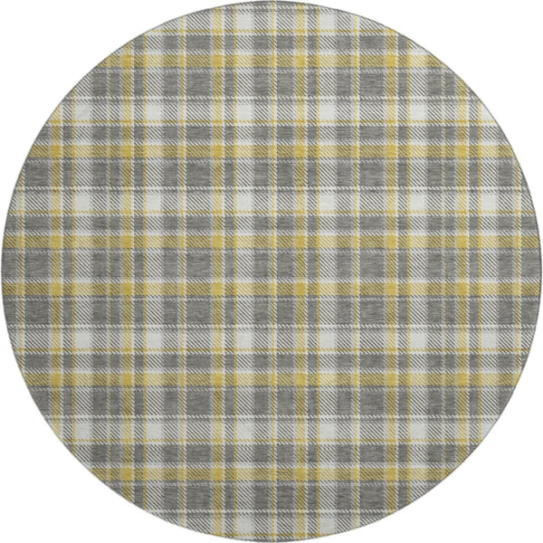 HomeRoots 8' Gray Gold and Ivory Plaid Washable Round Rug - Durable, Stain-Resistant, UV Protected Comfort! 649435