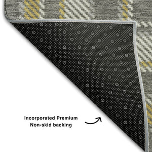 HomeRoots 8' Gray Gold and Ivory Plaid Washable Round Rug - Durable, Stain-Resistant, UV Protected Comfort! 649435