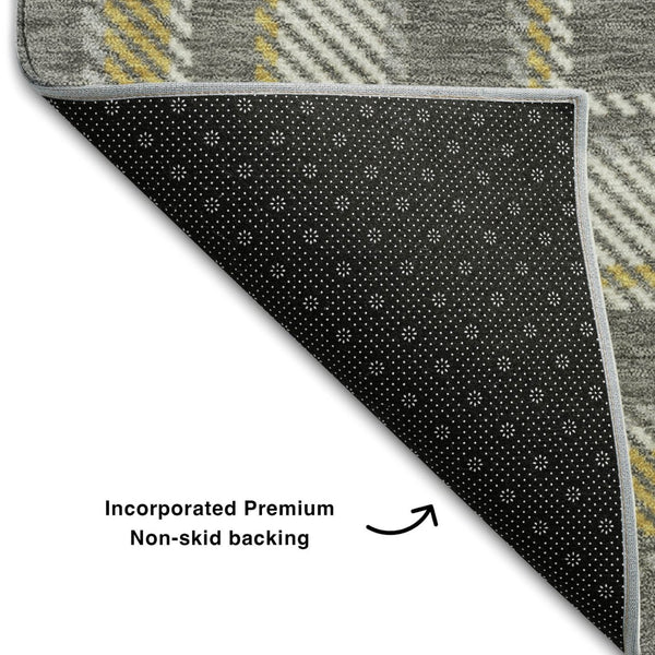 HomeRoots 8' Gray Gold and Ivory Plaid Washable Round Rug - Durable, Stain-Resistant, UV Protected Comfort! 649435