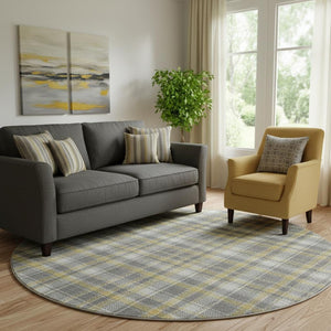 HomeRoots 8' Gray Gold and Ivory Plaid Washable Round Rug - Durable, Stain-Resistant, UV Protected Comfort! 649435