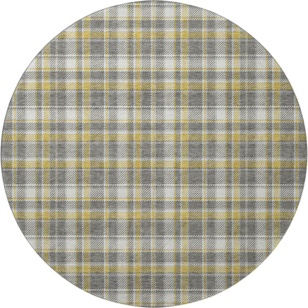 HomeRoots 8' Gray Gold and Ivory Plaid Washable Round Rug - Durable, Stain-Resistant, UV Protected Comfort! 649435