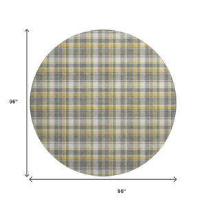 HomeRoots 8' Gray Gold and Ivory Plaid Washable Round Rug - Durable, Stain-Resistant, UV Protected Comfort! 649435