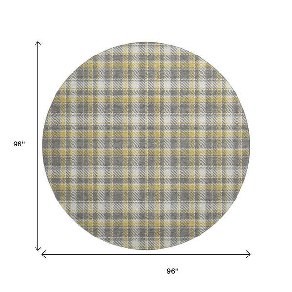 HomeRoots 8' Gray Gold and Ivory Plaid Washable Round Rug - Durable, Stain-Resistant, UV Protected Comfort! 649435