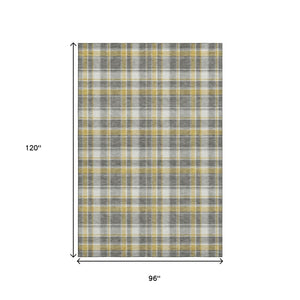 HomeRoots 8' X 10' Stylish Gray Gold Ivory Plaid Area Rug - Durable, Washable, Stain-Resistant, UV Protected 649436