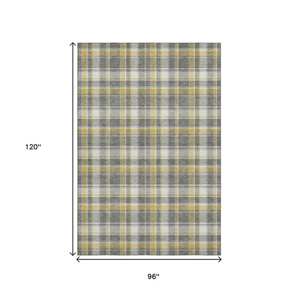 HomeRoots 8' X 10' Stylish Gray Gold Ivory Plaid Area Rug - Durable, Washable, Stain-Resistant, UV Protected 649436