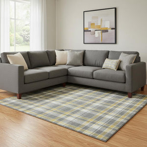 HomeRoots 8' X 10' Stylish Gray Gold Ivory Plaid Area Rug - Durable, Washable, Stain-Resistant, UV Protected 649436