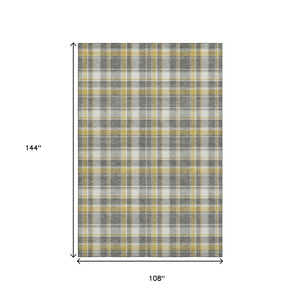 HomeRoots 9' X 12' Washable Gray Gold Ivory Plaid Area Rug - Durable, Stain-Resistant & UV Protected for Homes 649437