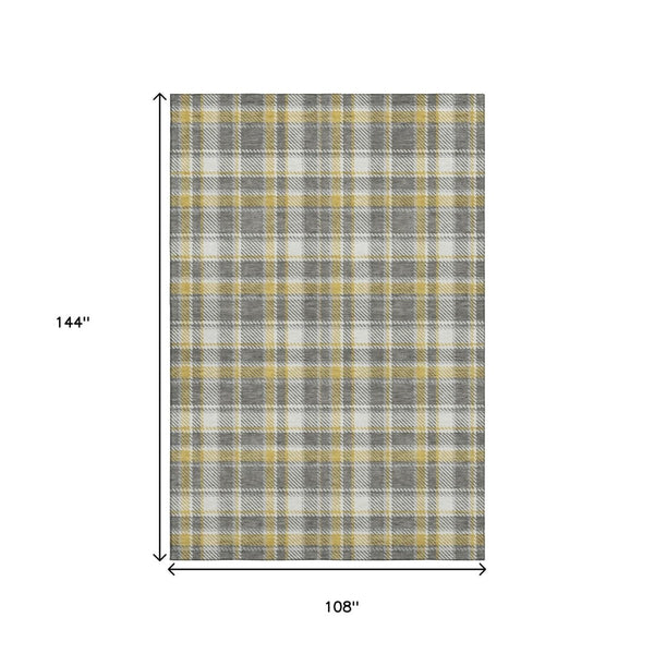 HomeRoots 9' X 12' Washable Gray Gold Ivory Plaid Area Rug - Durable, Stain-Resistant & UV Protected for Homes 649437