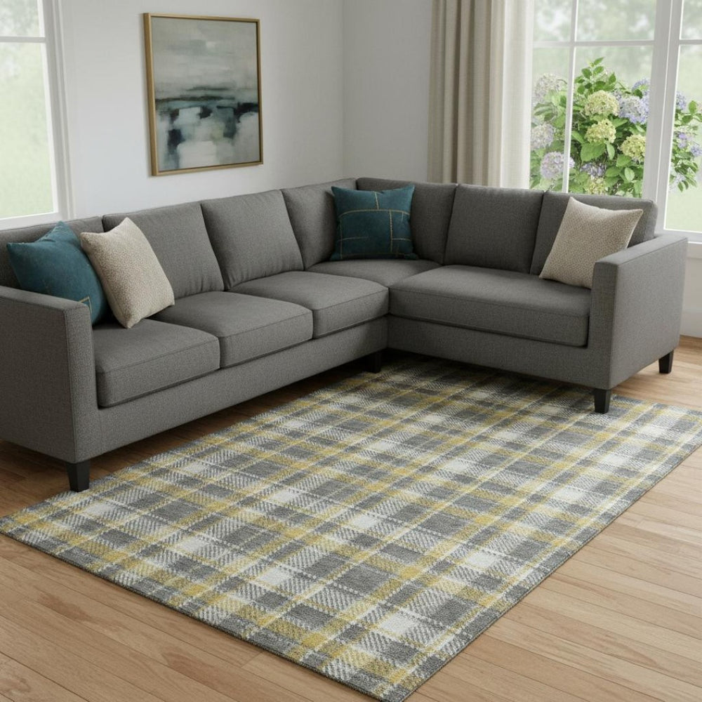 HomeRoots 9' X 12' Washable Gray Gold Ivory Plaid Area Rug - Durable, Stain-Resistant & UV Protected for Homes 649437