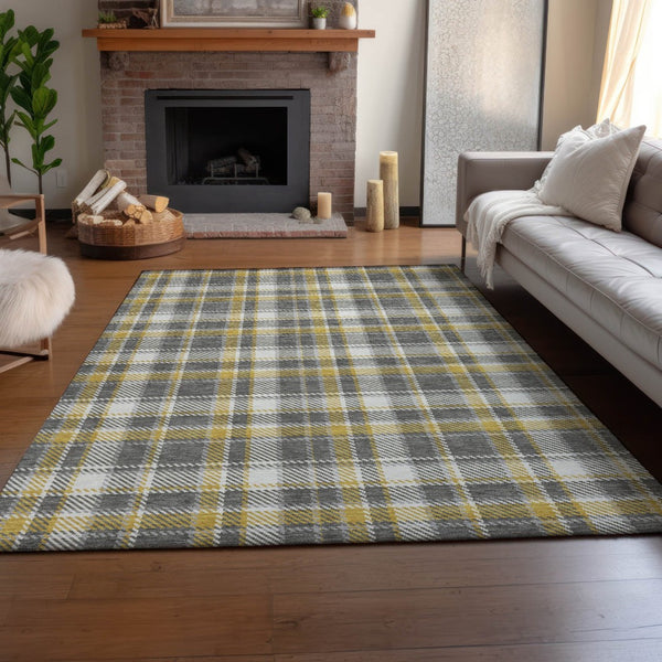 HomeRoots 9' X 12' Washable Gray Gold Ivory Plaid Area Rug - Durable, Stain-Resistant & UV Protected for Homes 649437