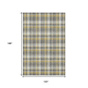 HomeRoots 10' X 14' Gray Gold Ivory Plaid Washable Area Rug - Stylish, Stain-Resistant, UV Protected for Homes 649438