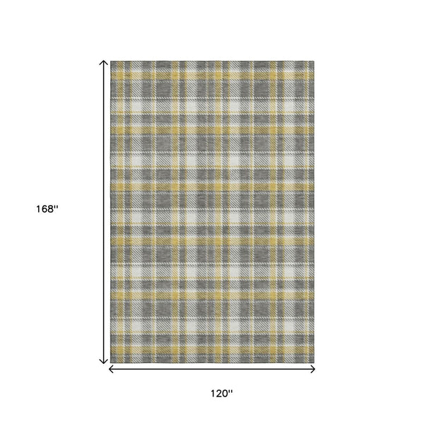 HomeRoots 10' X 14' Gray Gold Ivory Plaid Washable Area Rug - Stylish, Stain-Resistant, UV Protected for Homes 649438