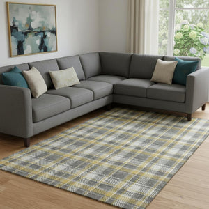 HomeRoots 10' X 14' Gray Gold Ivory Plaid Washable Area Rug - Stylish, Stain-Resistant, UV Protected for Homes 649438