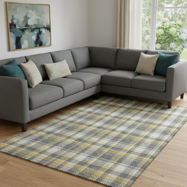 HomeRoots 10' X 14' Gray Gold Ivory Plaid Washable Area Rug - Stylish, Stain-Resistant, UV Protected for Homes 649438