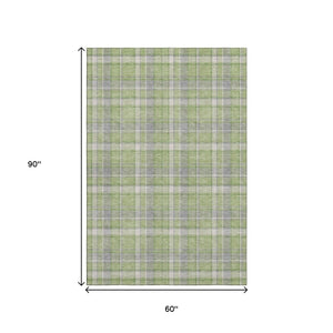 HomeRoots 5' X 8' Green and Gray Plaid Area Rug - Washable, UV Protected, Stain Resistant for High-Traffic Areas 649440