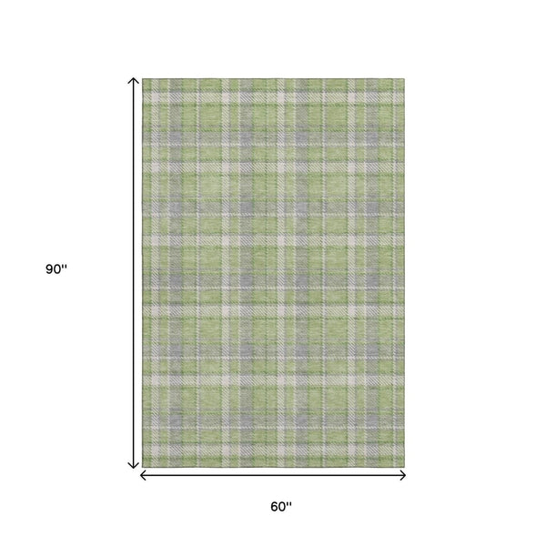 HomeRoots 5' X 8' Green and Gray Plaid Area Rug - Washable, UV Protected, Stain Resistant for High-Traffic Areas 649440
