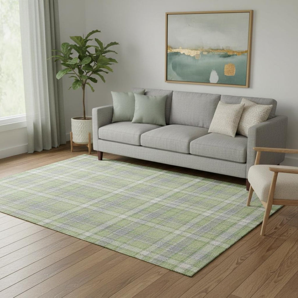 HomeRoots 5' X 8' Green and Gray Plaid Area Rug - Washable, UV Protected, Stain Resistant for High-Traffic Areas 649440