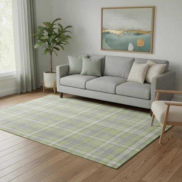 HomeRoots 5' X 8' Green and Gray Plaid Area Rug - Washable, UV Protected, Stain Resistant for High-Traffic Areas 649440