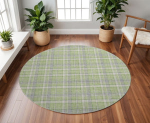 HomeRoots 8' Green and Gray Plaid Washable Round Rug - Durable, Stain-Resistant, UV Protected for Vibrant Spaces 649441