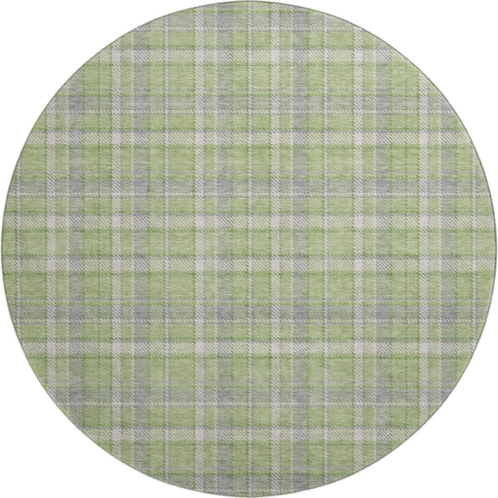 HomeRoots 8' Green and Gray Plaid Washable Round Rug - Durable, Stain-Resistant, UV Protected for Vibrant Spaces 649441