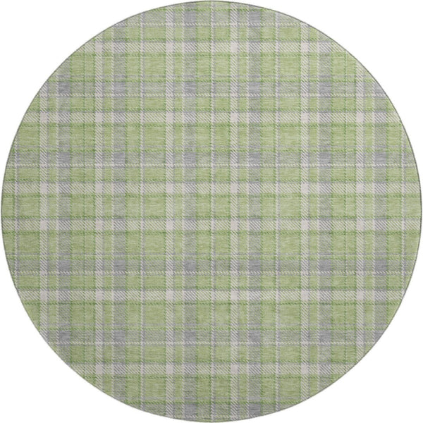 HomeRoots 8' Green and Gray Plaid Washable Round Rug - Durable, Stain-Resistant, UV Protected for Vibrant Spaces 649441
