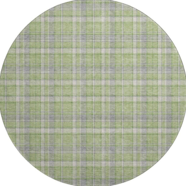 HomeRoots 8' Green and Gray Plaid Washable Round Rug - Durable, Stain-Resistant, UV Protected for Vibrant Spaces 649441