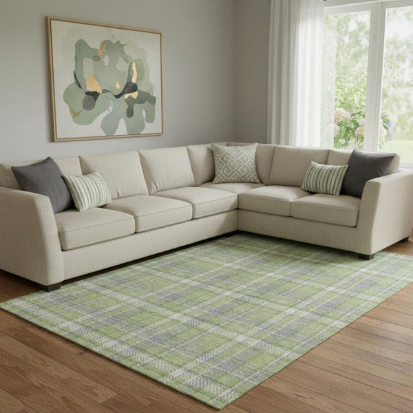 HomeRoots 8' X 10' Green and Gray Plaid Washable Area Rug with Stain Resistance & UV Protection for Homes 649442
