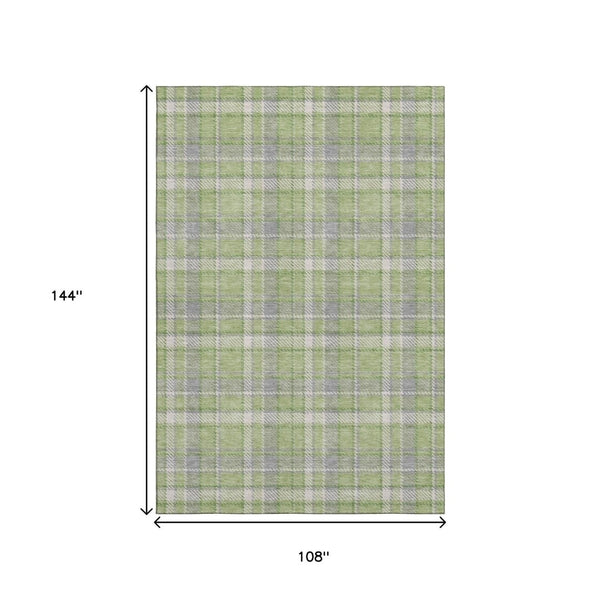 HomeRoots 9' X 12' Green and Gray Plaid Area Rug - Washable, Stain Resistant, UV Protected for High-Traffic Spaces 649443