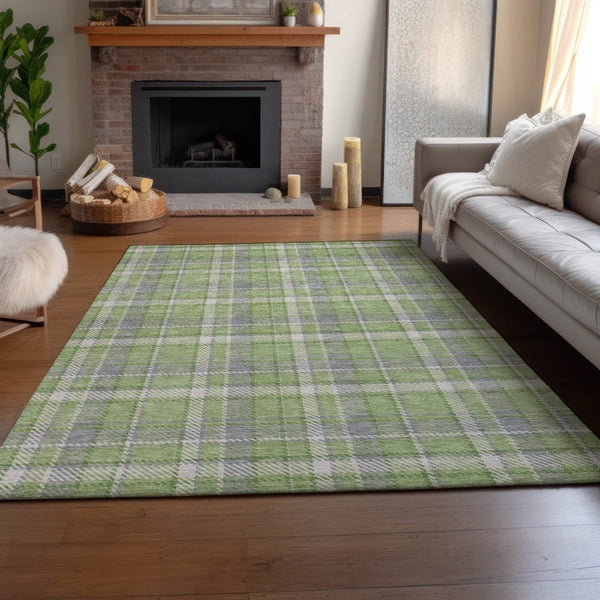 HomeRoots 9' X 12' Green and Gray Plaid Area Rug - Washable, Stain Resistant, UV Protected for High-Traffic Spaces 649443