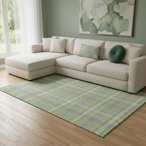 HomeRoots 10' Green and Gray Plaid Washable Area Rug - Durable, Stain Resistant, UV Protected for High-Traffic Areas 649444
