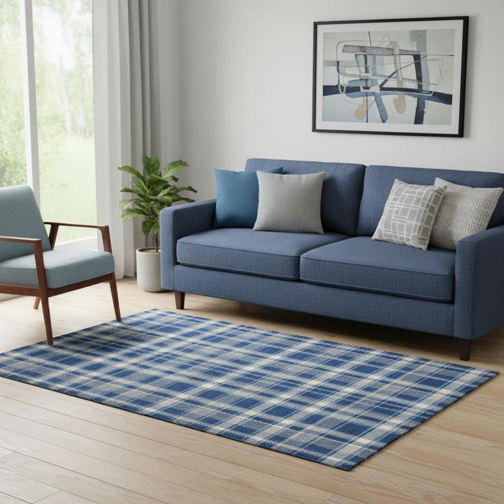 HomeRoots 5' X 8' Navy Blue & Ivory Plaid Washable Area Rug with UV Protection - Durable, Stylish, Easy-Care! 649446