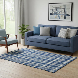 HomeRoots 5' X 8' Navy Blue & Ivory Plaid Washable Area Rug with UV Protection - Durable, Stylish, Easy-Care! 649446