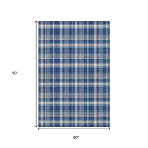 HomeRoots 5' X 8' Navy Blue & Ivory Plaid Washable Area Rug with UV Protection - Durable, Stylish, Easy-Care! 649446