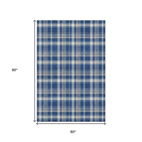 HomeRoots 5' X 8' Navy Blue & Ivory Plaid Washable Area Rug with UV Protection - Durable, Stylish, Easy-Care! 649446