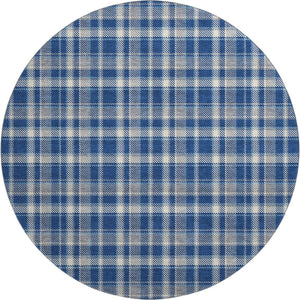 HomeRoots 8' Navy Blue and Ivory Plaid Round Rug – Washable, UV Protected, Ideal for High Traffic Homes! 649447
