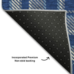 HomeRoots 8' Navy Blue and Ivory Plaid Round Rug – Washable, UV Protected, Ideal for High Traffic Homes! 649447