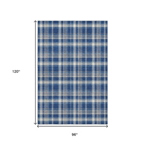 HomeRoots 8' X 10' Navy Blue and Ivory Plaid Washable Area Rug - Durable, Stain Resistant, UV Protected Style 649448