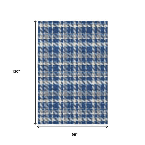 HomeRoots 8' X 10' Navy Blue and Ivory Plaid Washable Area Rug - Durable, Stain Resistant, UV Protected Style 649448