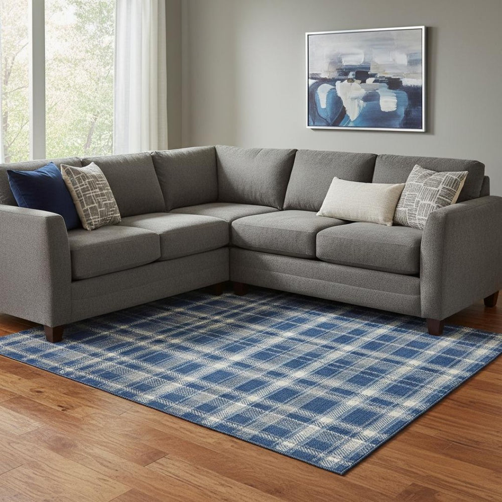 HomeRoots 8' X 10' Navy Blue and Ivory Plaid Washable Area Rug - Durable, Stain Resistant, UV Protected Style 649448