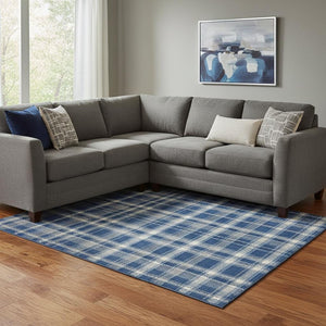 HomeRoots 8' X 10' Navy Blue and Ivory Plaid Washable Area Rug - Durable, Stain Resistant, UV Protected Style 649448
